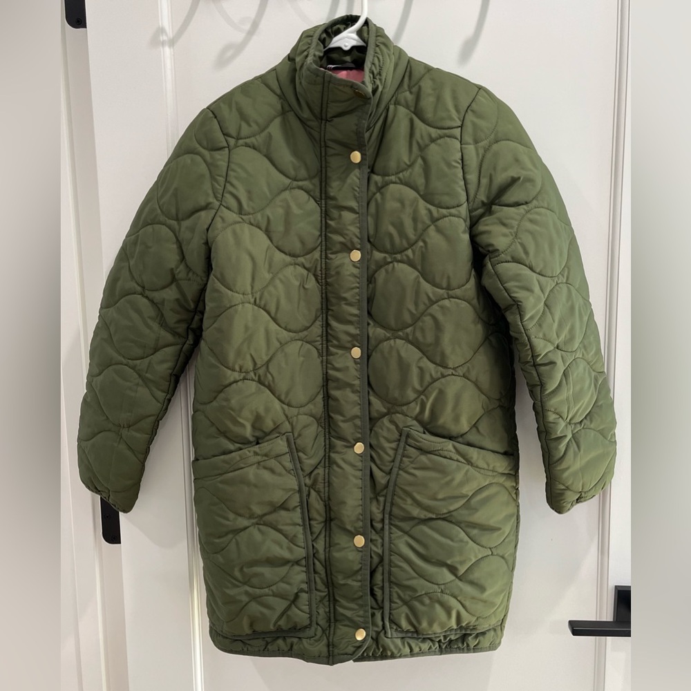 EUC jcrew primaloft quilted cocoon puffer coat olive green sz XXS